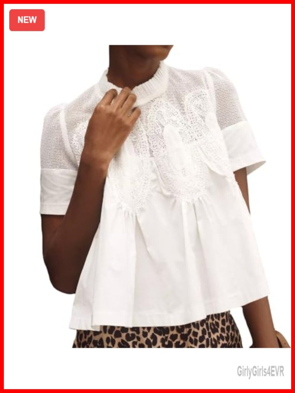 Women Lace Detail Flared Blouse Short Sleeve Crew Neck Poplin Mesh Swing Top